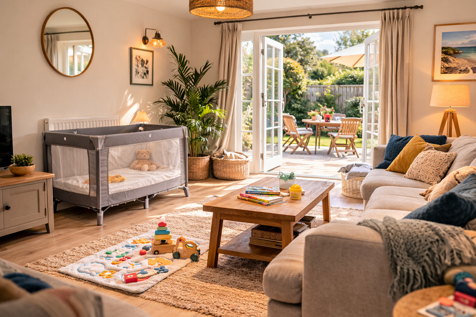 A bright spacious Airbnb living room with a travel cot set up in the corner, baby toys on the floor, French doors open to an enclosed garden