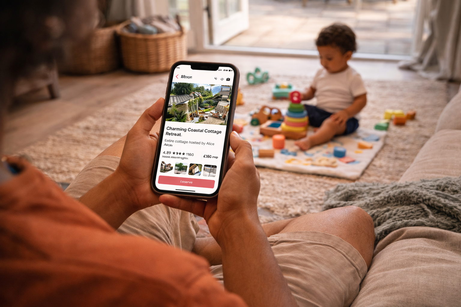A parent sitting on a sofa scrolling through an Airbnb property listing on their phone, baby playing on a mat nearby, warm domestic setting