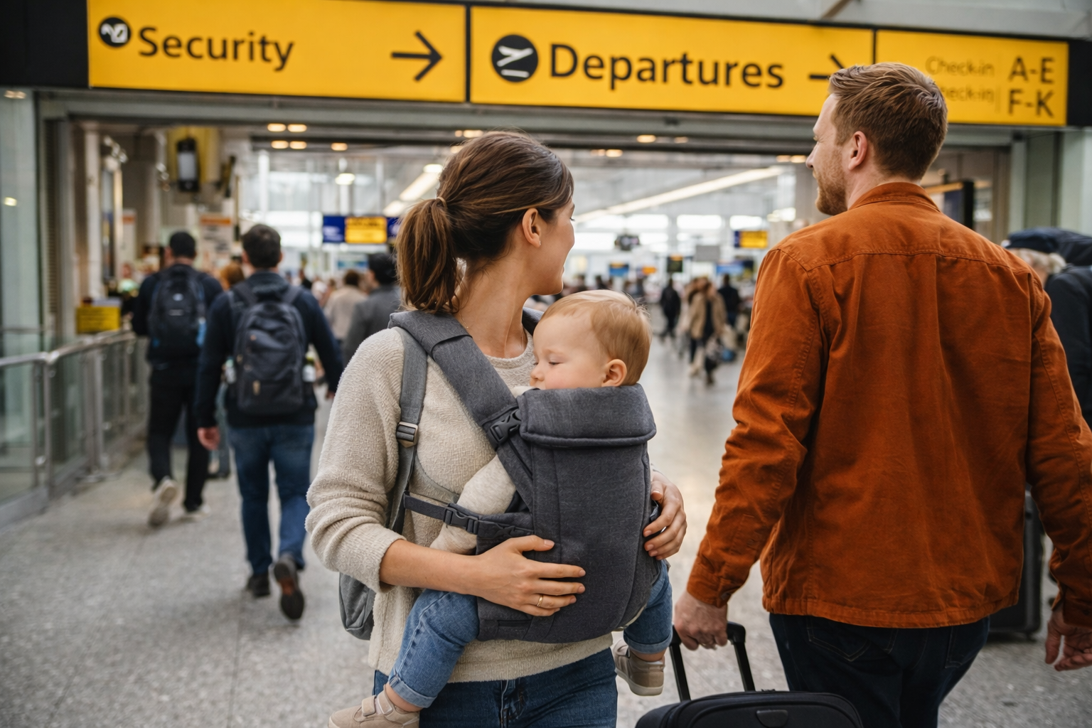 Parents with a baby at a UK airport, using a baby carrier while navigating the terminal before their flight