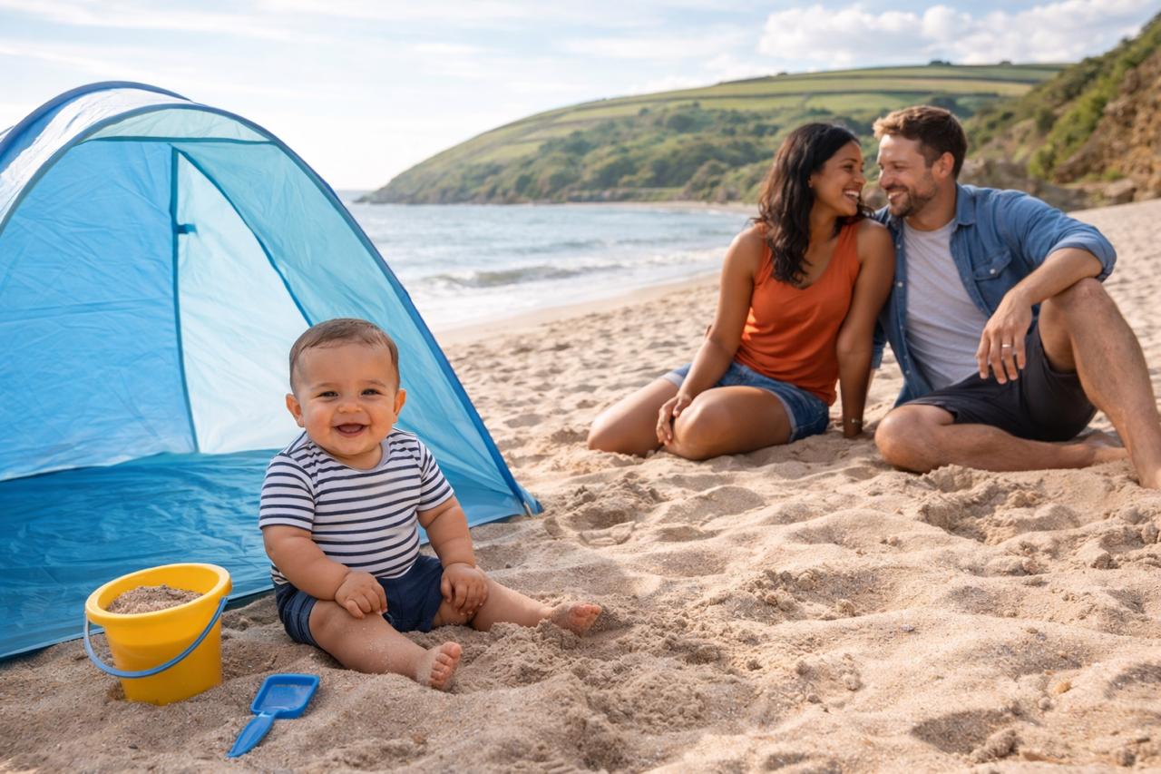 A family on a UK beach, baby sitting on sand with parents nearby, gentle waves in background, classic British seaside feel