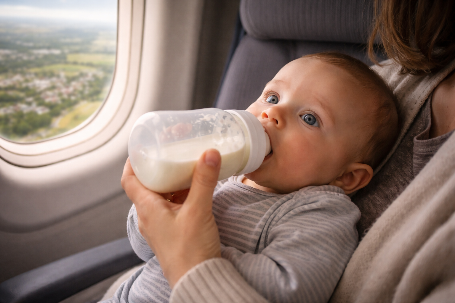 A baby being breastfed on a plane during takeoff — the window shows the ground receding below, calm cabin atmosphere, showing the most effective way to manage ear pressure