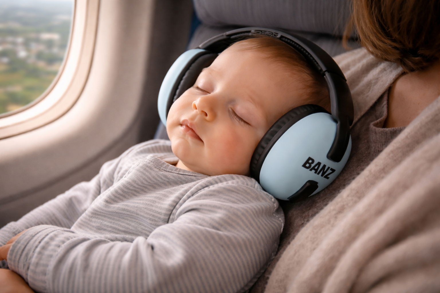 A baby wearing noise-reducing earmuffs on a plane — the baby is calm and settled, showing earmuffs used for noise reduction rather than pressure relief