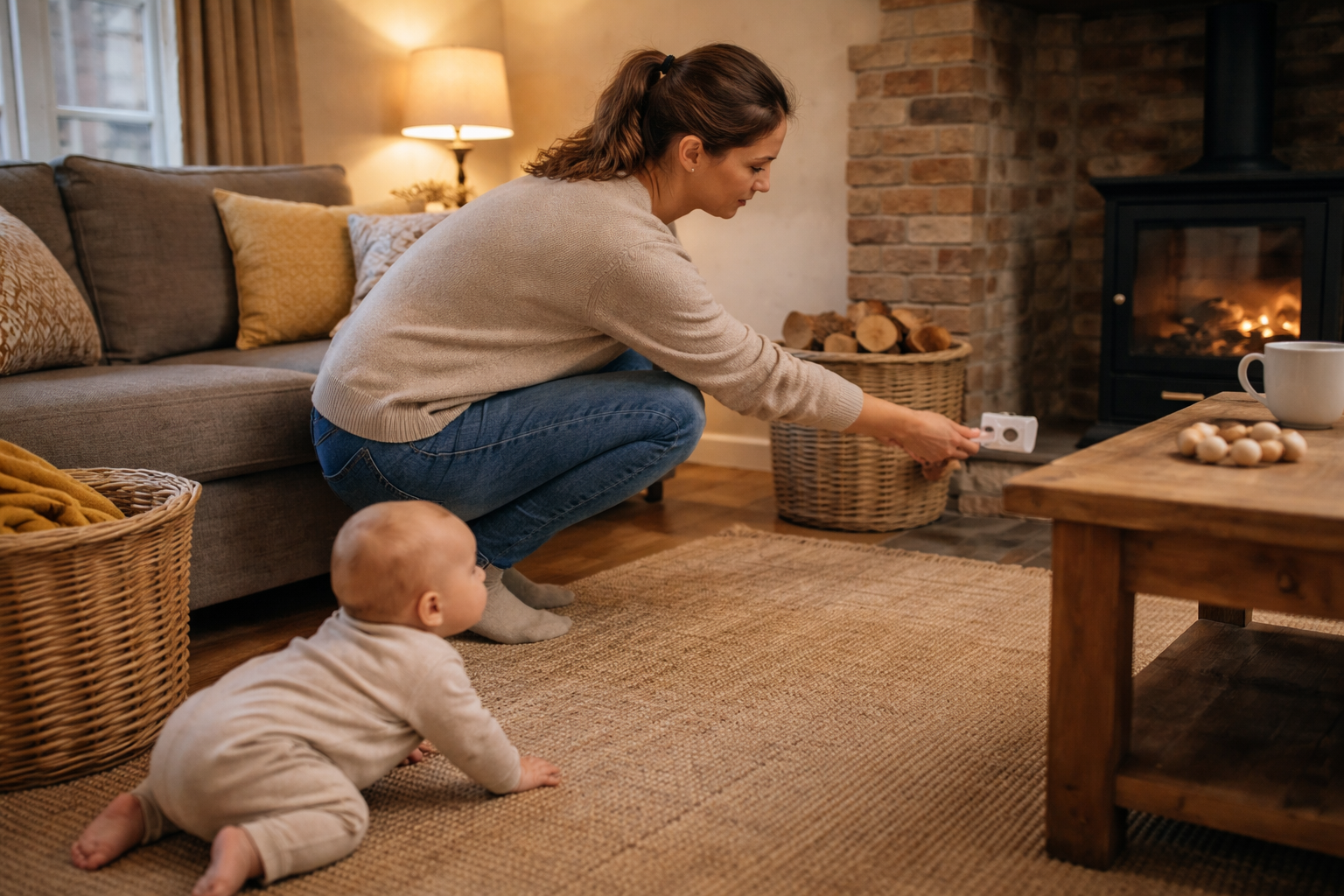 Parent checking baby holiday safety in a UK holiday cottage, looking at travel cot setup