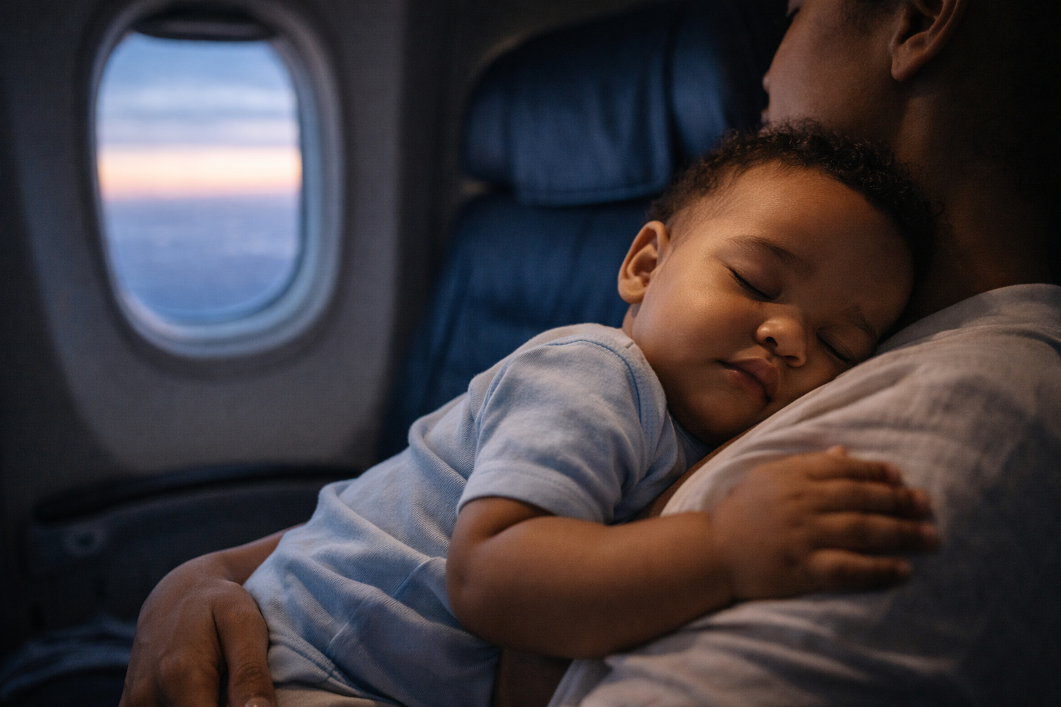 A baby sleeping peacefully on a parent's chest on a plane — window seat visible, cabin dimmed, the moment when everything is calm