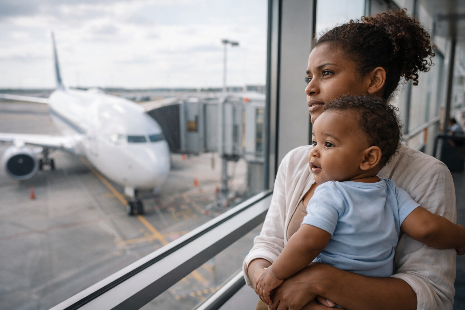 A parent holding a baby at an airport gate, looking out at the plane through the window — the anticipation moment before boarding