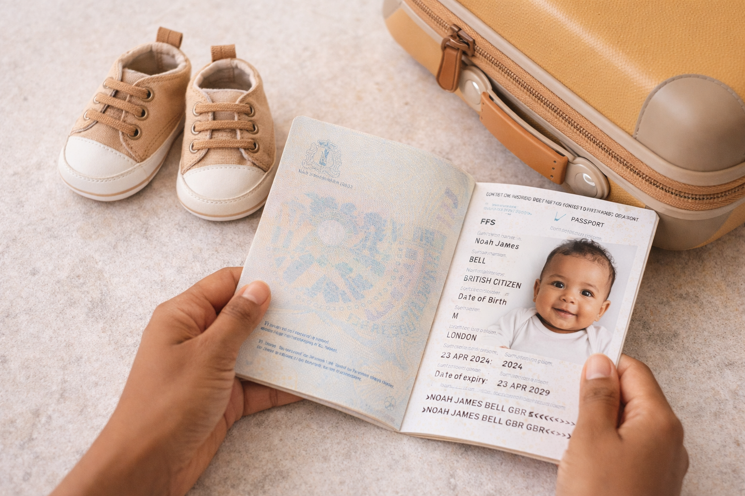 A baby's first UK passport lying open next to a tiny pair of shoes and a small suitcase — the excitement of a first passport, warm and aspirational