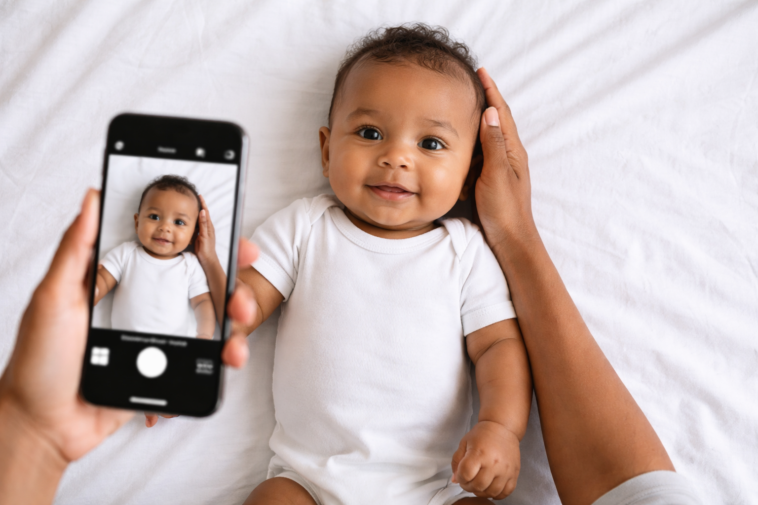 Baby lying on a white sheet being photographed from above for a passport photo, parent's phone visible, natural window light, showing the DIY passport photo technique