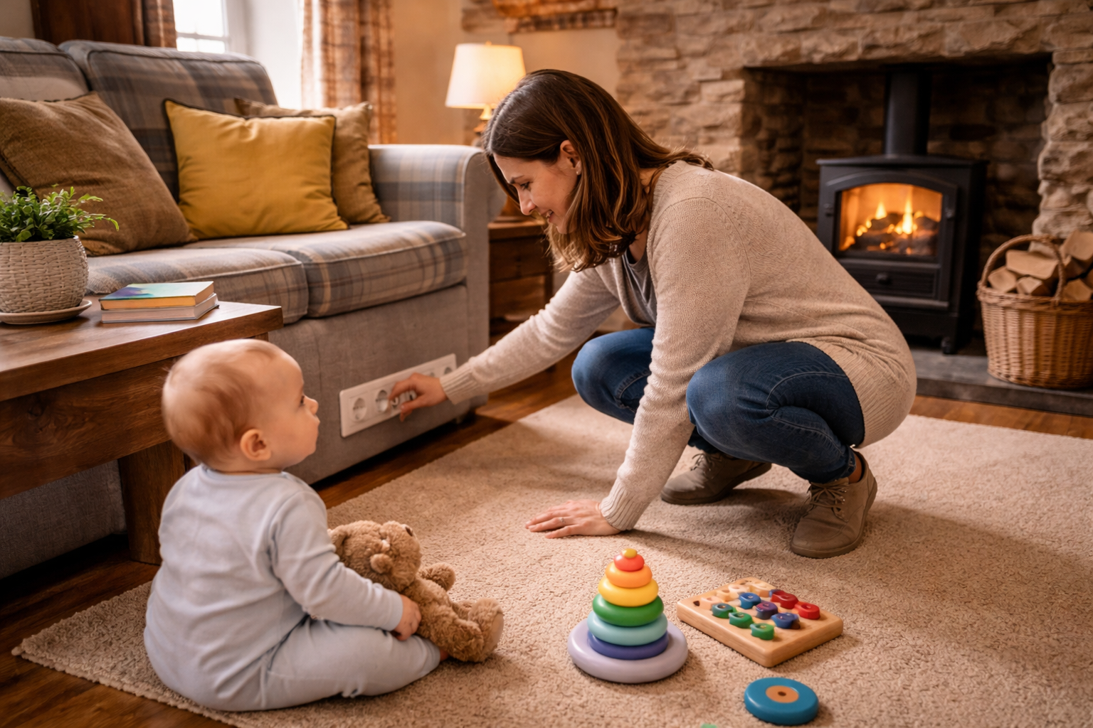 A parent crouching at baby's eye level in a cottage living room, checking a plug socket, with a baby sitting on the floor nearby — practical arrival safety check