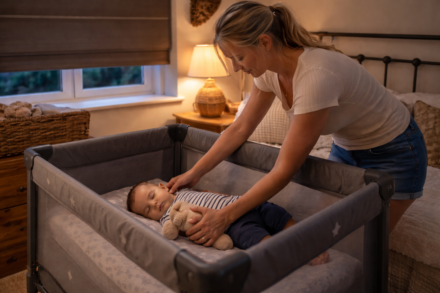 A parent gently putting a baby down in a travel cot in a dimly lit cottage bedroom with a blackout blind visible