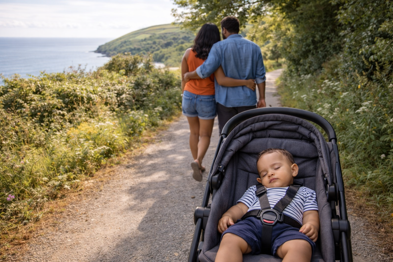 A baby sleeping peacefully in a travel stroller while parents walk along a scenic UK coastal clifftop path