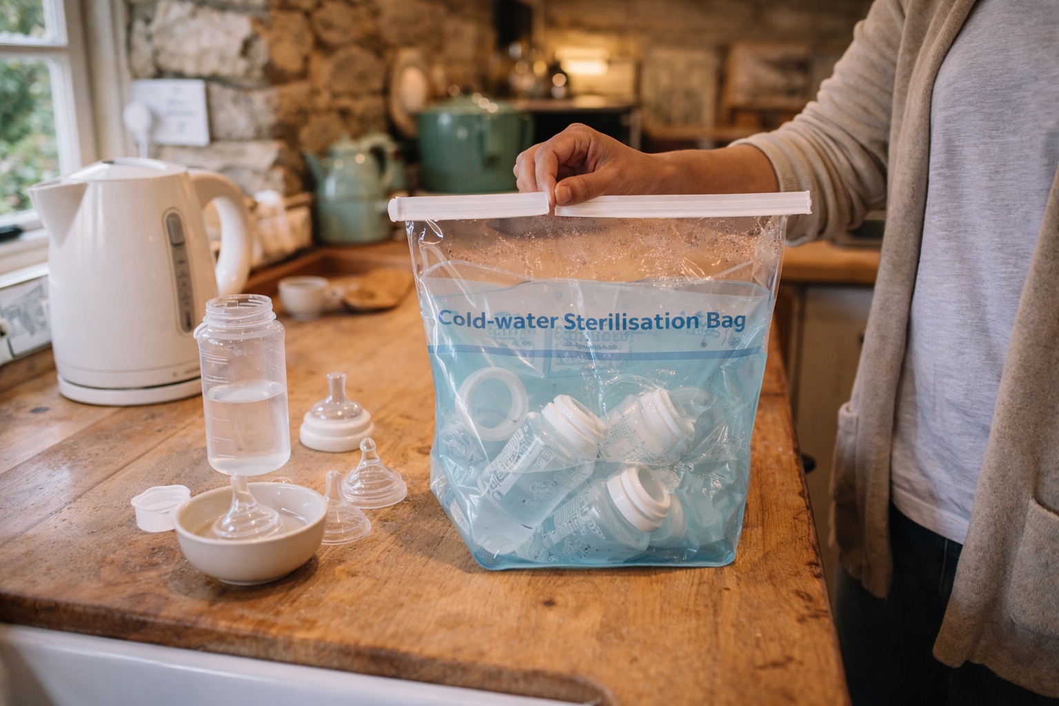 Parent sterilising baby bottles using a compact travel steriliser in a UK holiday cottage kitchen