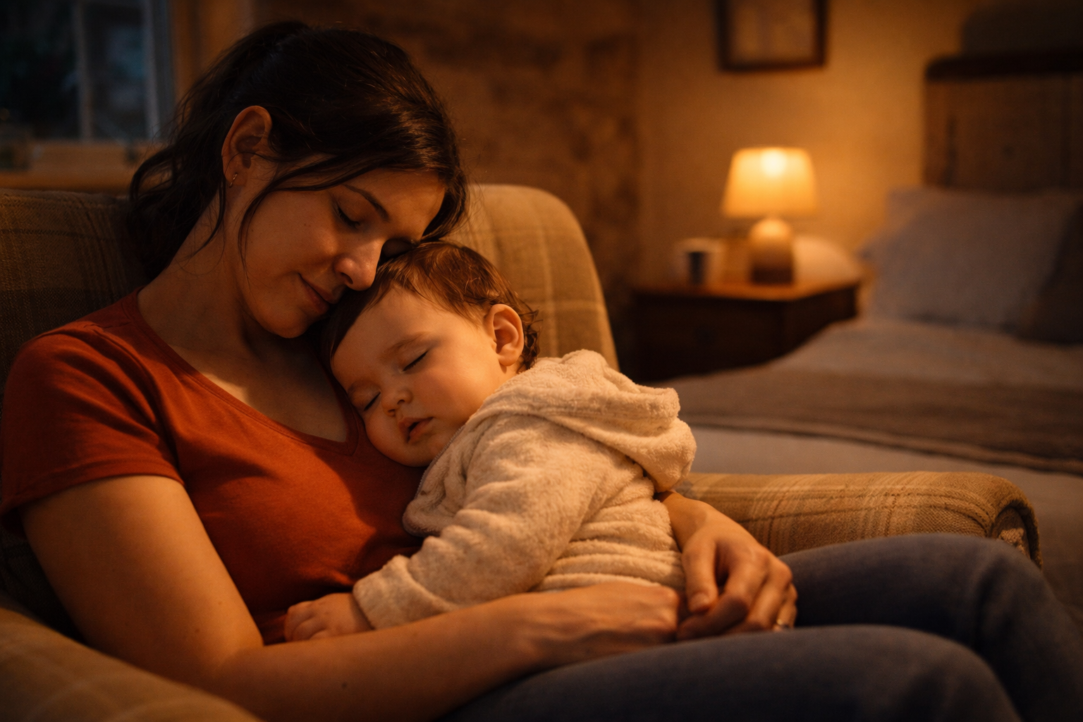 A tired parent sitting in a dimly lit holiday cottage bedroom with a baby asleep on their chest — warm low light, both looking exhausted but peaceful