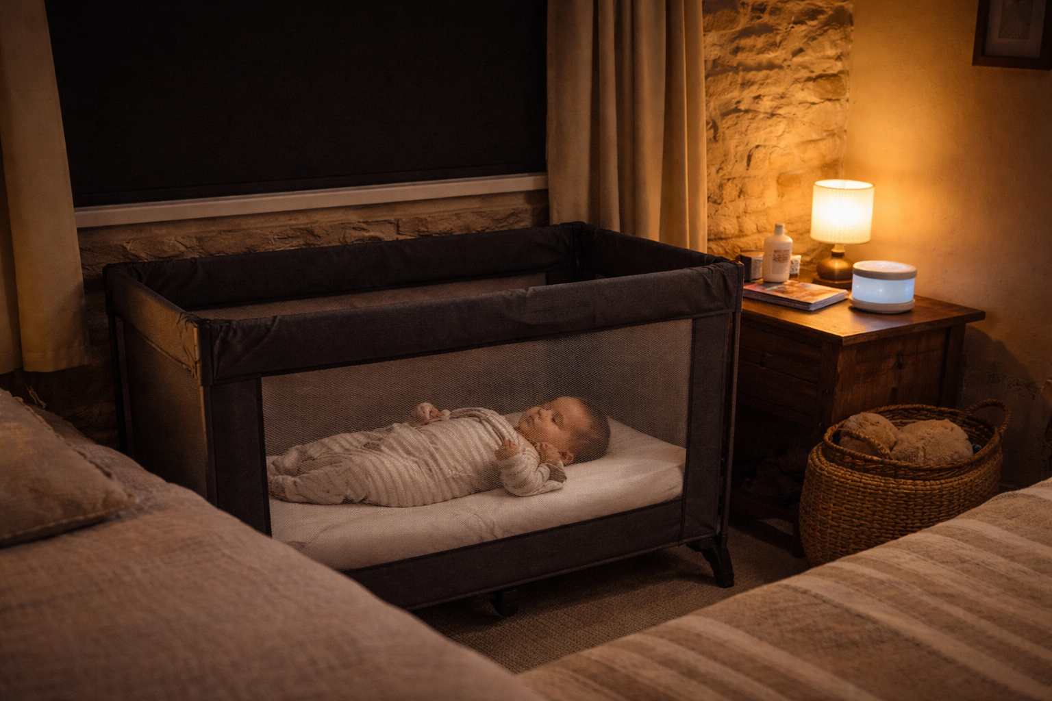 A travel cot set up in a darkened holiday cottage bedroom — blackout blind on the window, white noise machine glowing softly on the windowsill, calm and reassuring sleep setup