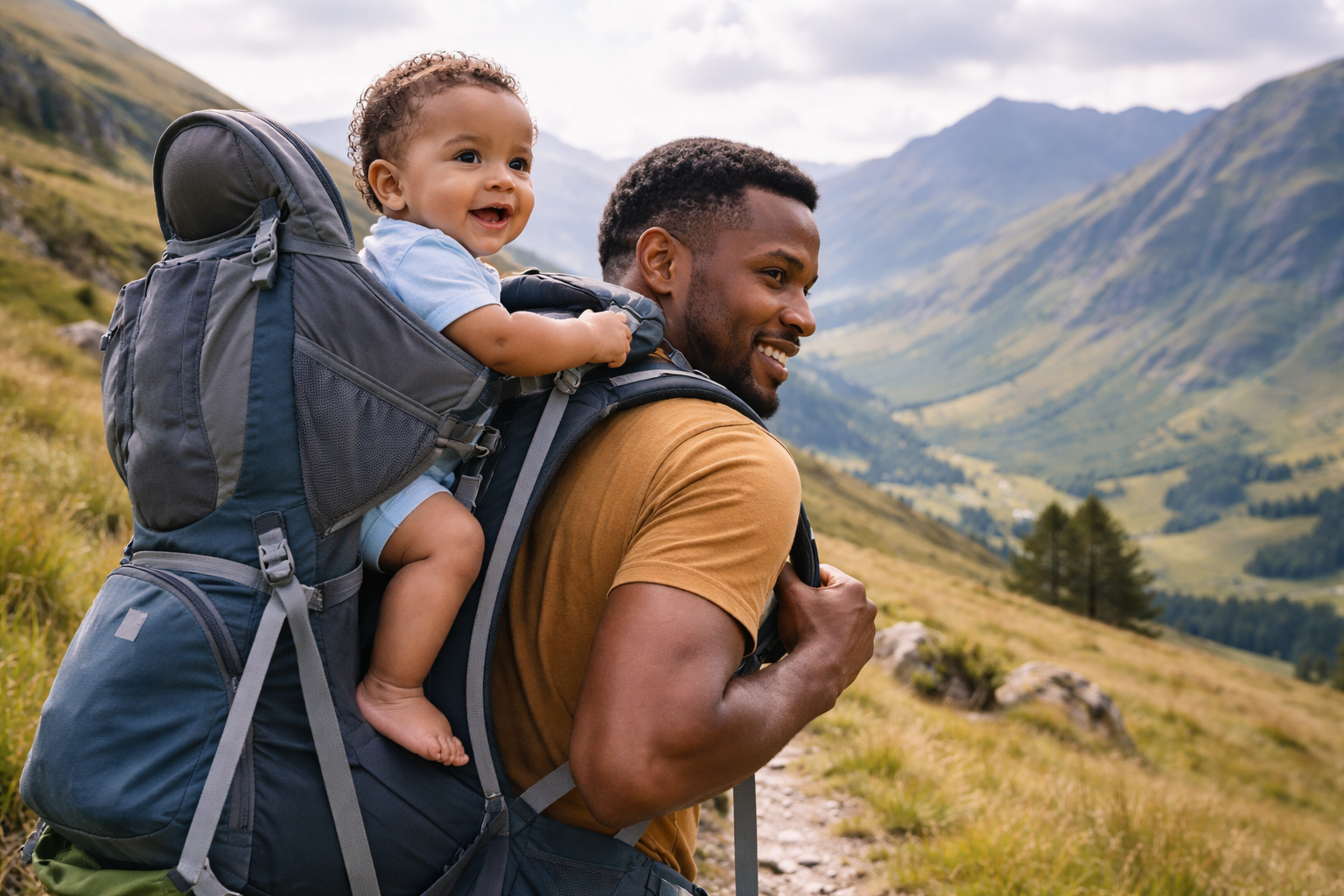 Parent hiking on a fell path with a baby in a framed backpack carrier, baby sitting up high with a clear view of the landscape, mountain scenery behind