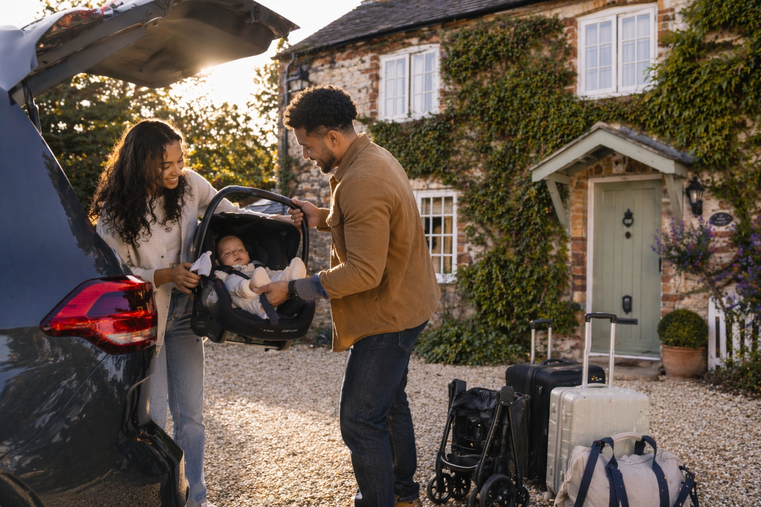 Family arriving at an ivy-covered stone UK holiday cottage for a bank holiday weekend, lifting their baby from the car with luggage and a pushchair