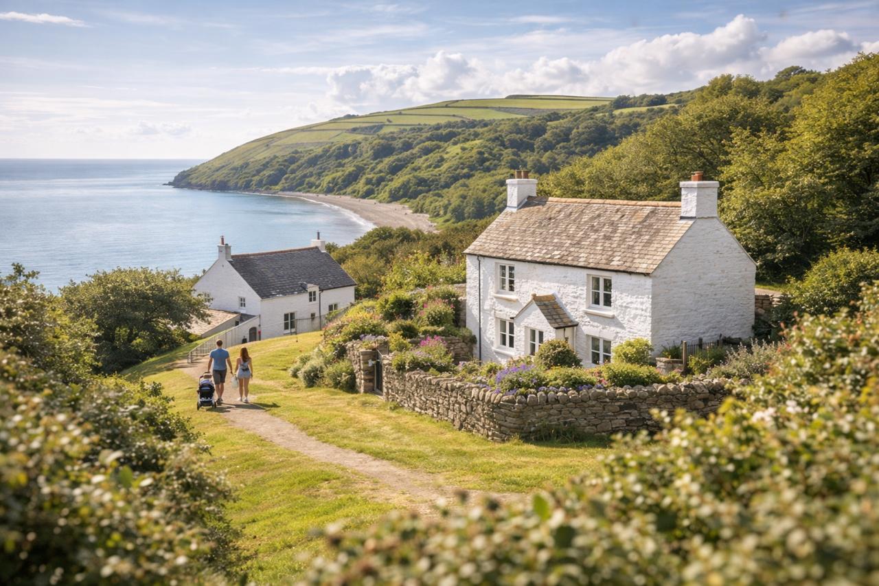 A beautiful UK holiday park setting with lodges among trees and a glimpse of the coast, aspirational British summer landscape
