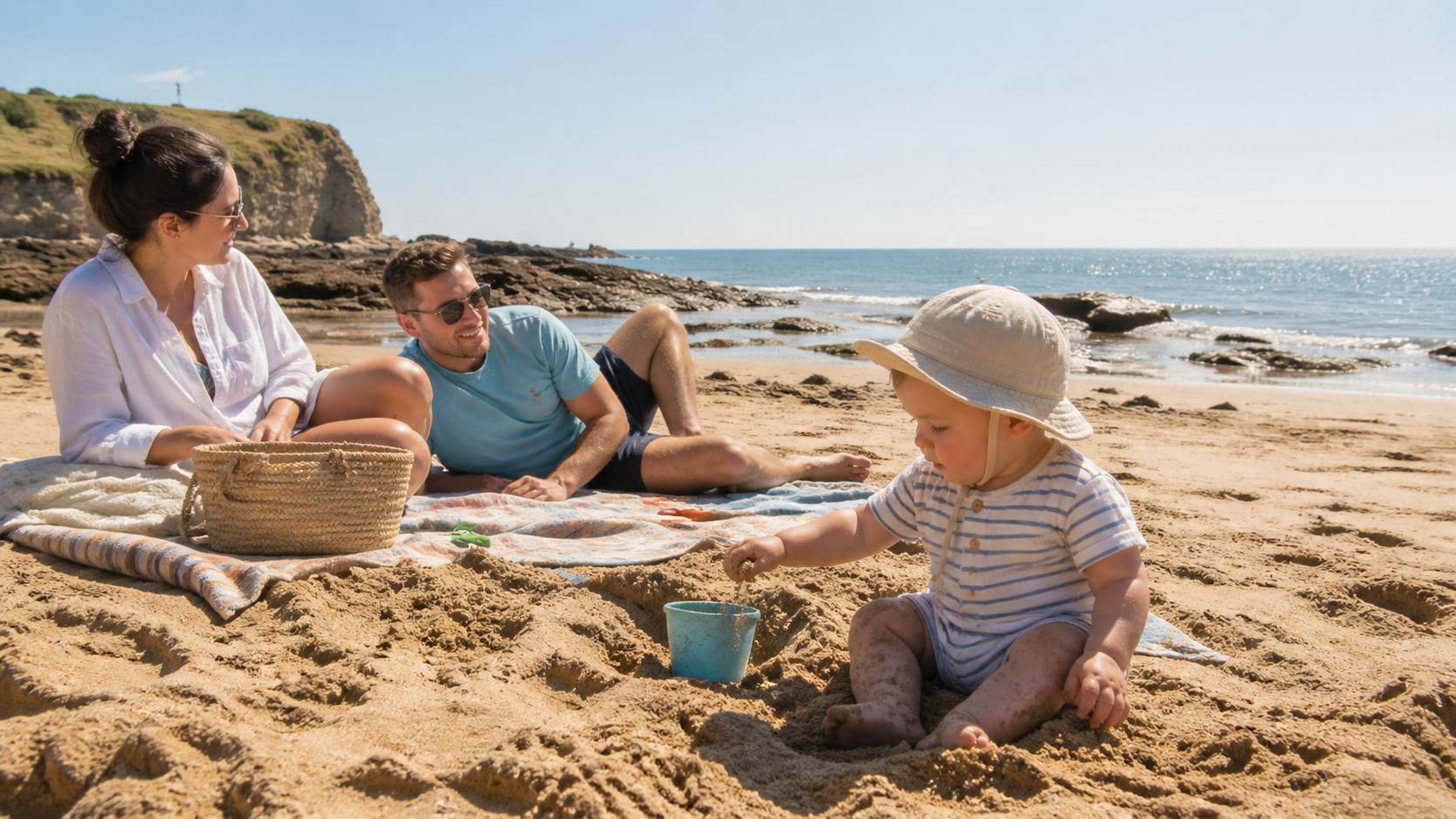 Family with baby sitting on a wide sandy UK beach in summer sunshine, pushchair parked on firm sand behind them