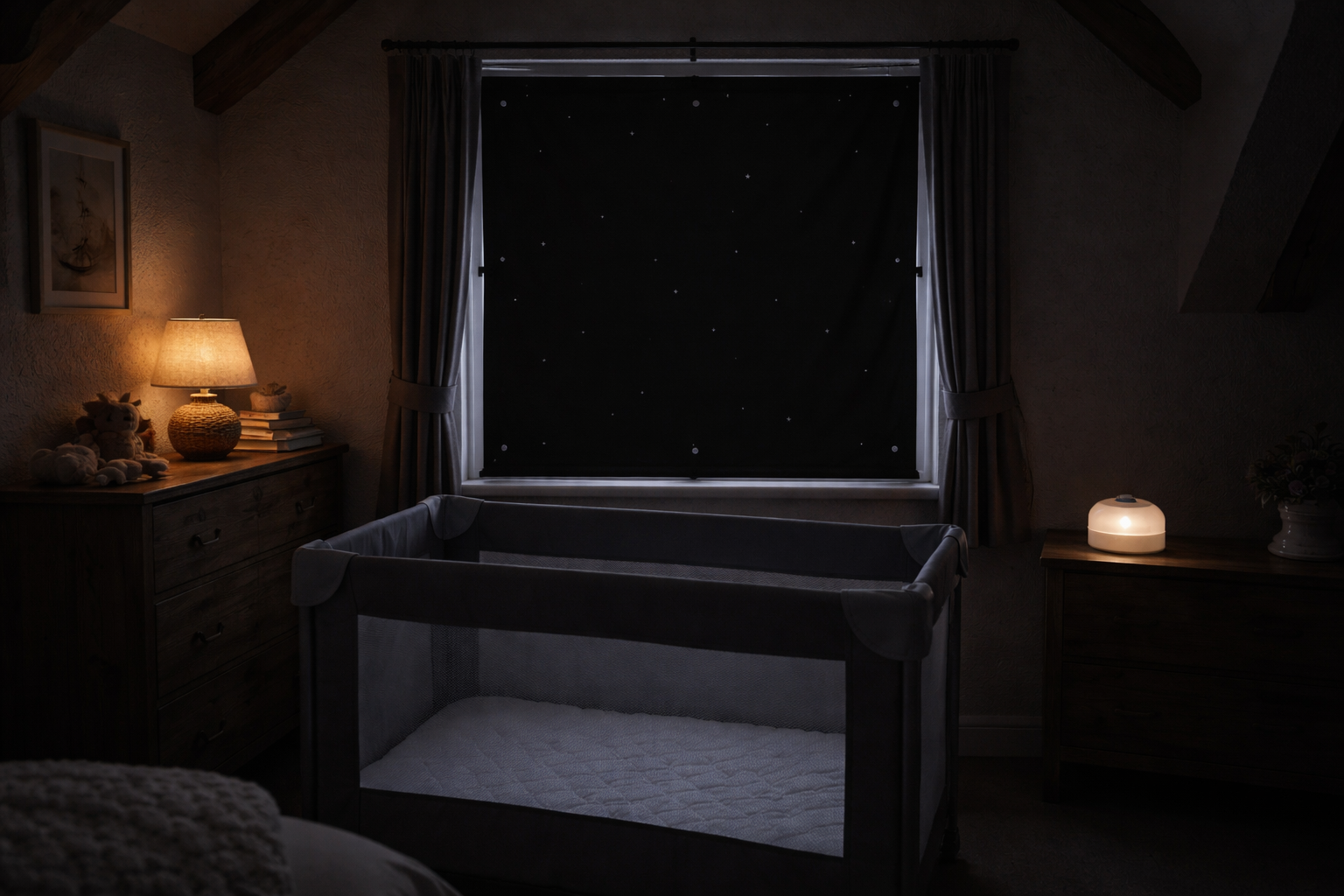 Portable blackout blind fitted on a cottage window with a travel cot visible in near-darkness — showing the effective difference a blackout blind makes to a holiday bedroom