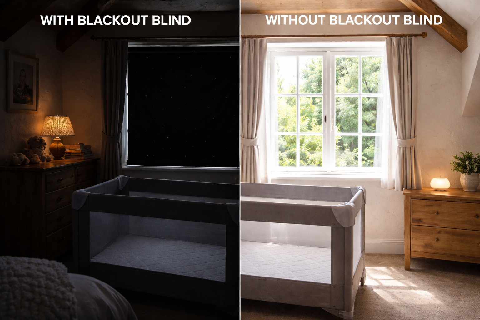 Side-by-side comparison of two identical cottage windows — one with a portable blackout blind fitted (near-dark) and one without (bright morning light streaming in), clearly showing the difference