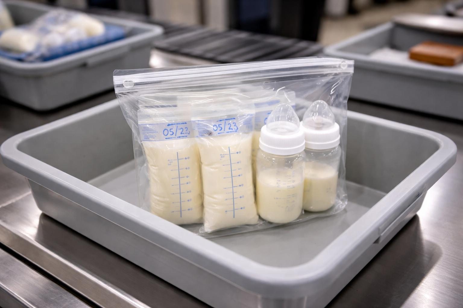 A clear bag containing labelled breast milk storage bags and bottles sitting on an airport security tray, ready for screening