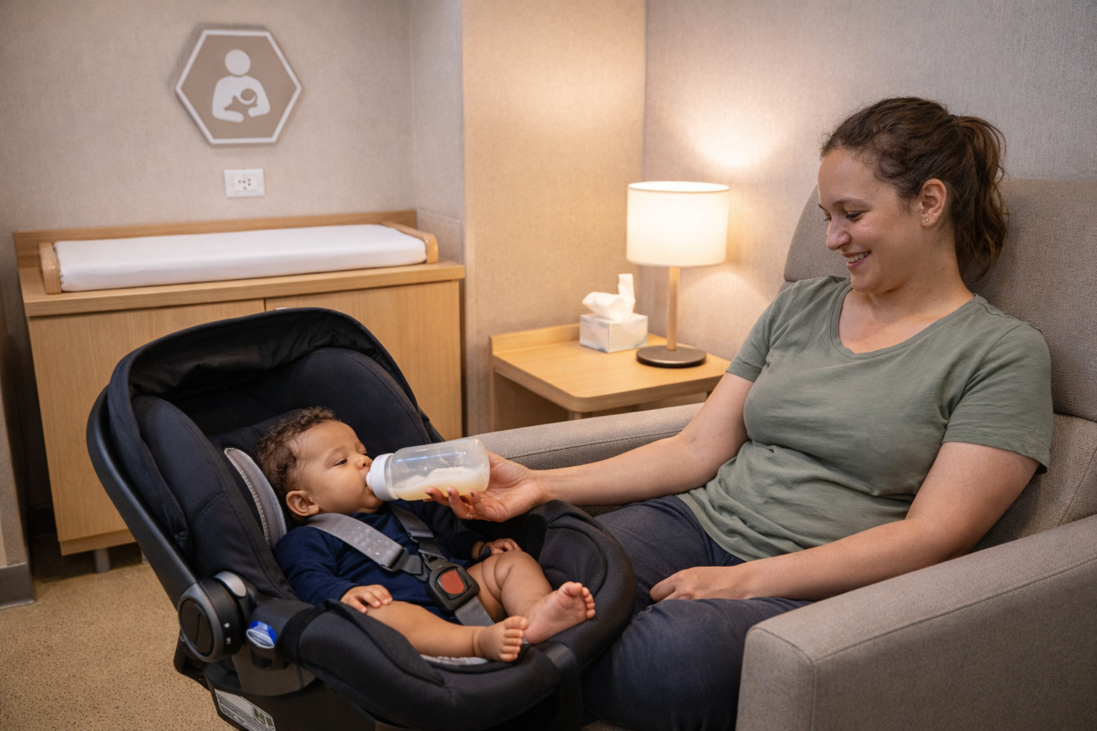 A parent in a comfortable modern airport nursing room, pumping with baby nearby in a carrier, private and calm family facility