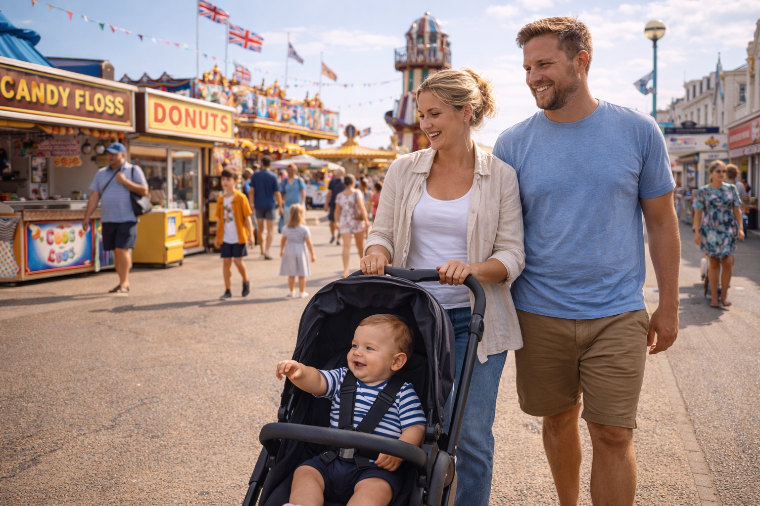 A family with a baby in a buggy walking through a colourful British seaside resort, fairground rides visible in the background on a sunny day