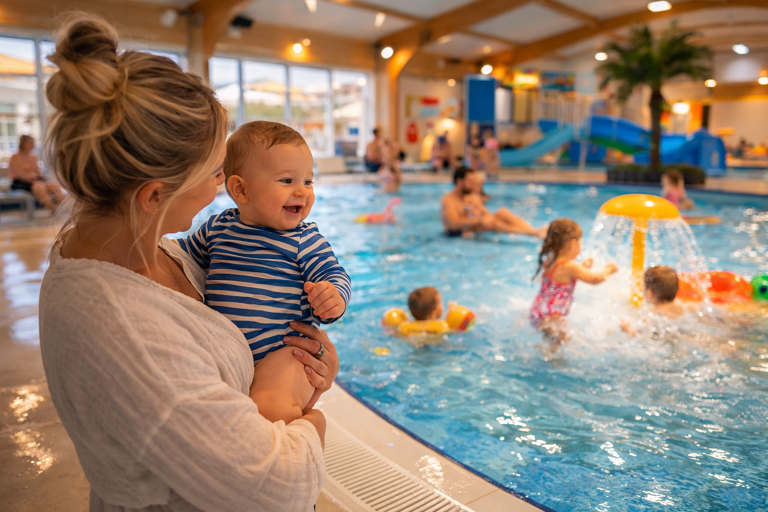 Parent holding a happy laughing baby in a shallow colourful indoor splash pool at Butlins, warm lighting, other families in the background