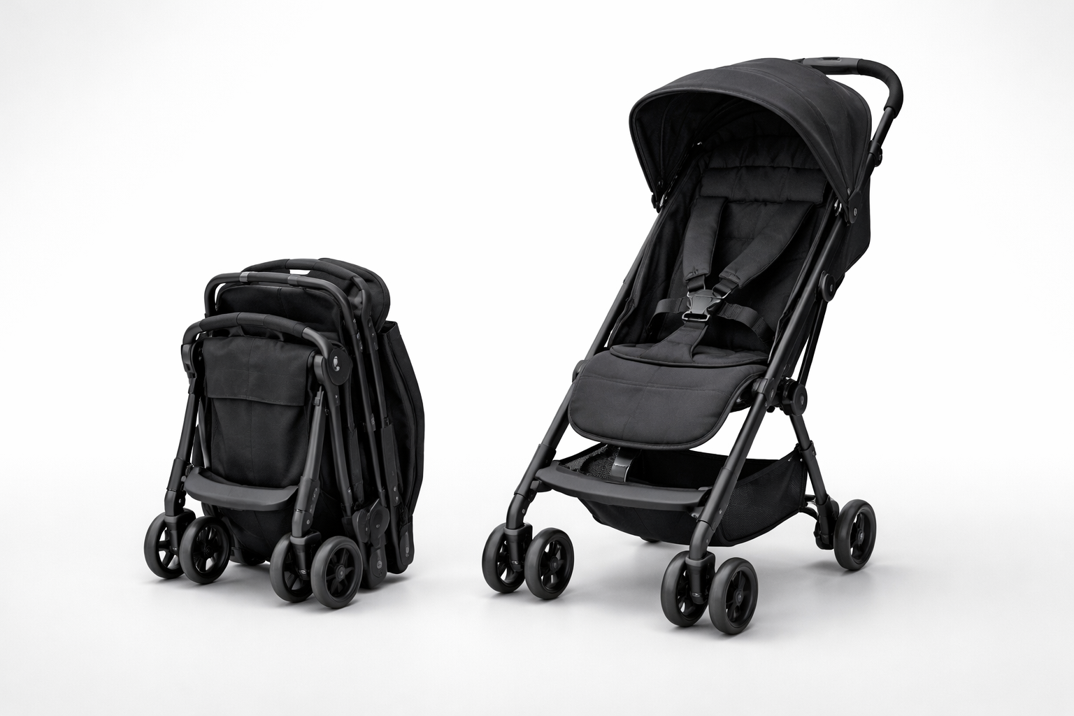 Parent comparing the Bugaboo Butterfly and Babyzen YOYO² travel pushchairs at a UK airport