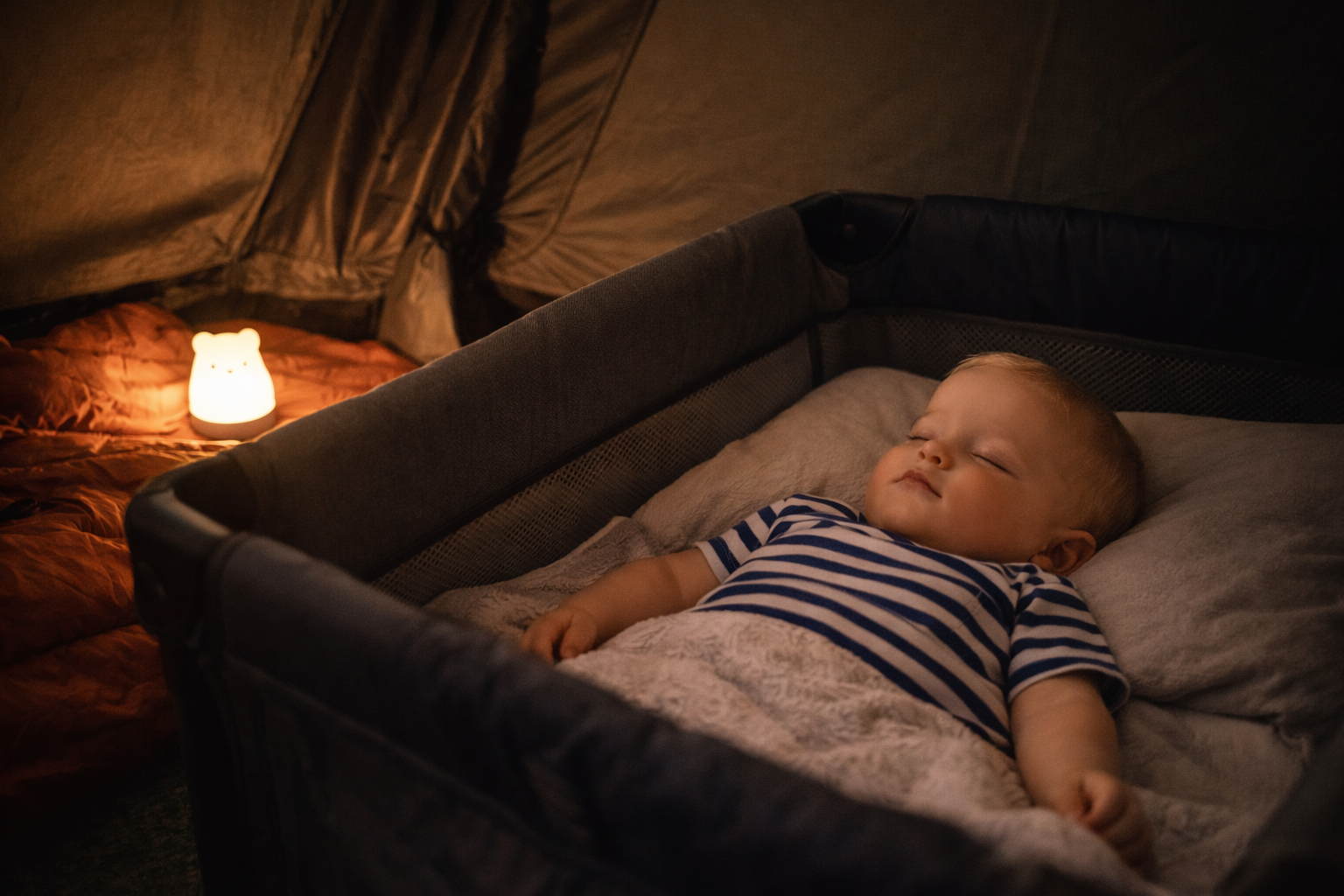 A baby sleeping peacefully in a travel cot inside a tent, a portable nightlight glowing softly nearby, sleeping bag visible, cosy and warm atmosphere