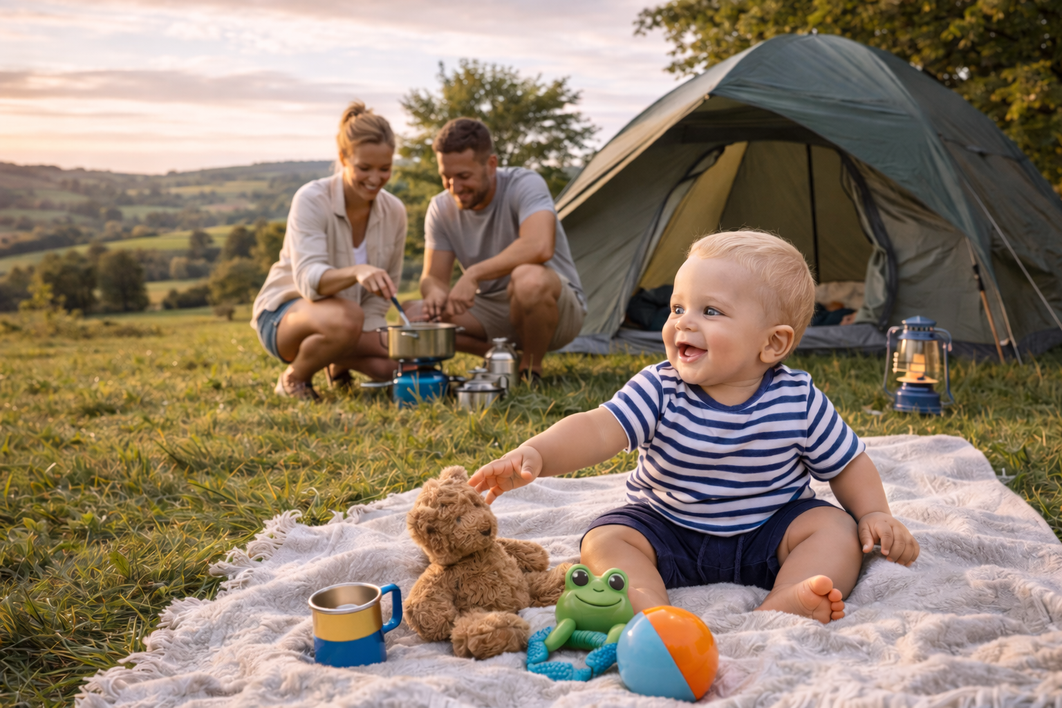 A family at a UK campsite — baby sitting on a blanket on green grass in front of a tent, parent nearby, rolling green hills in the background on a warm summer evening