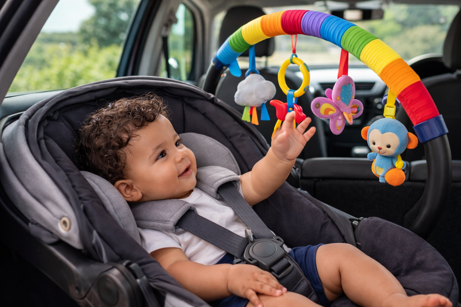 A baby in a rear-facing car seat happily reaching for a colourful toy arch attached to the seat handle, natural light from car window