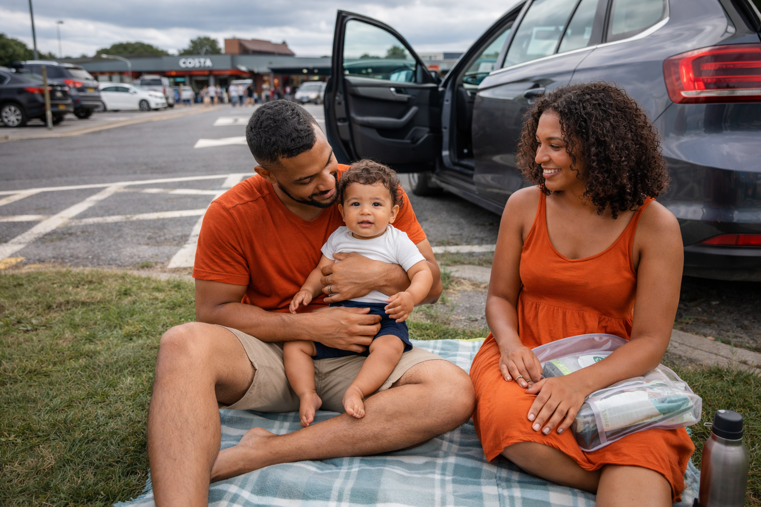 A parent holding a baby on a blanket on a grassy area next to a motorway service station car park, car door open, mid-journey break