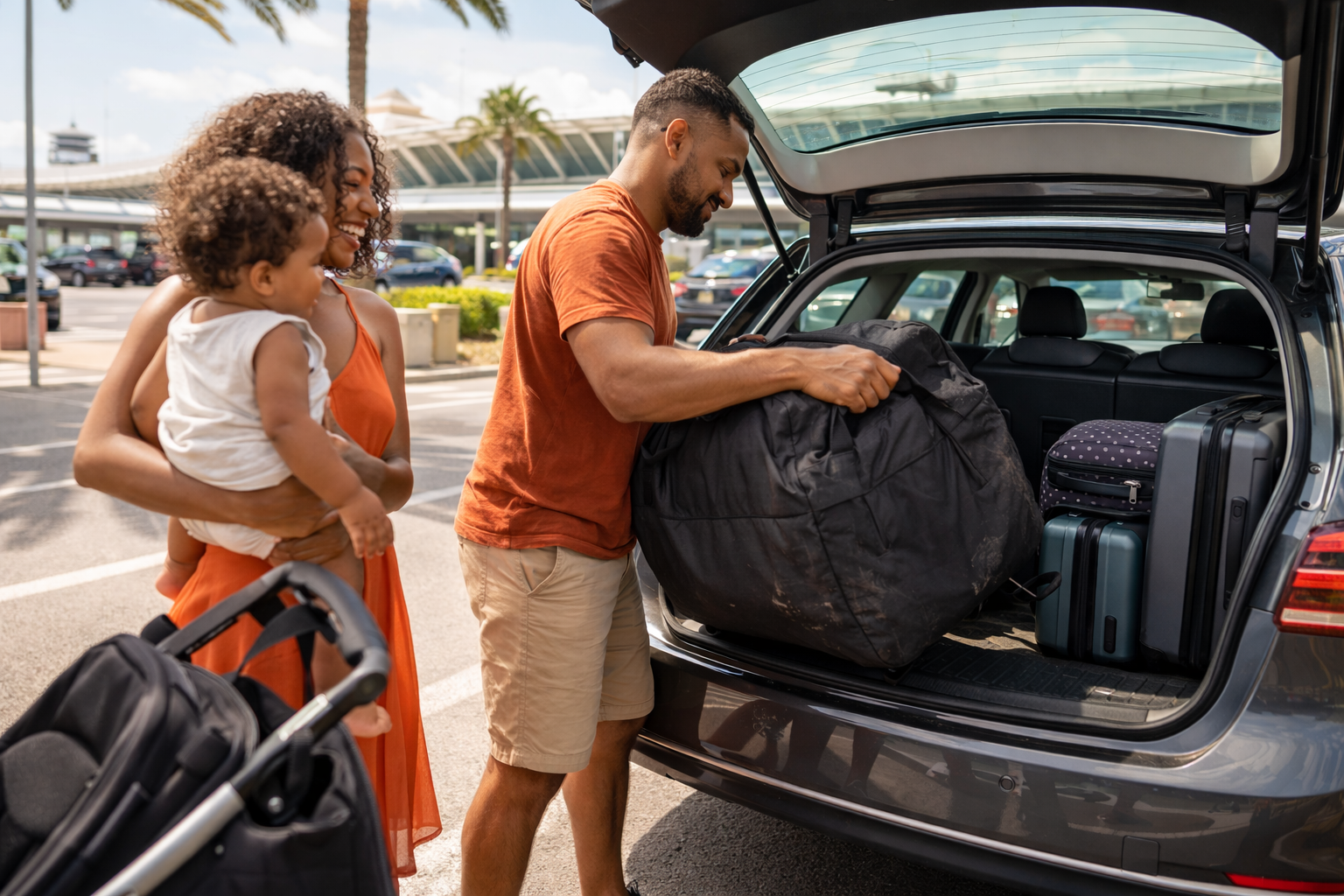A family loading luggage and a car seat in a travel bag into a hire car at a sunny European airport, bright Mediterranean setting