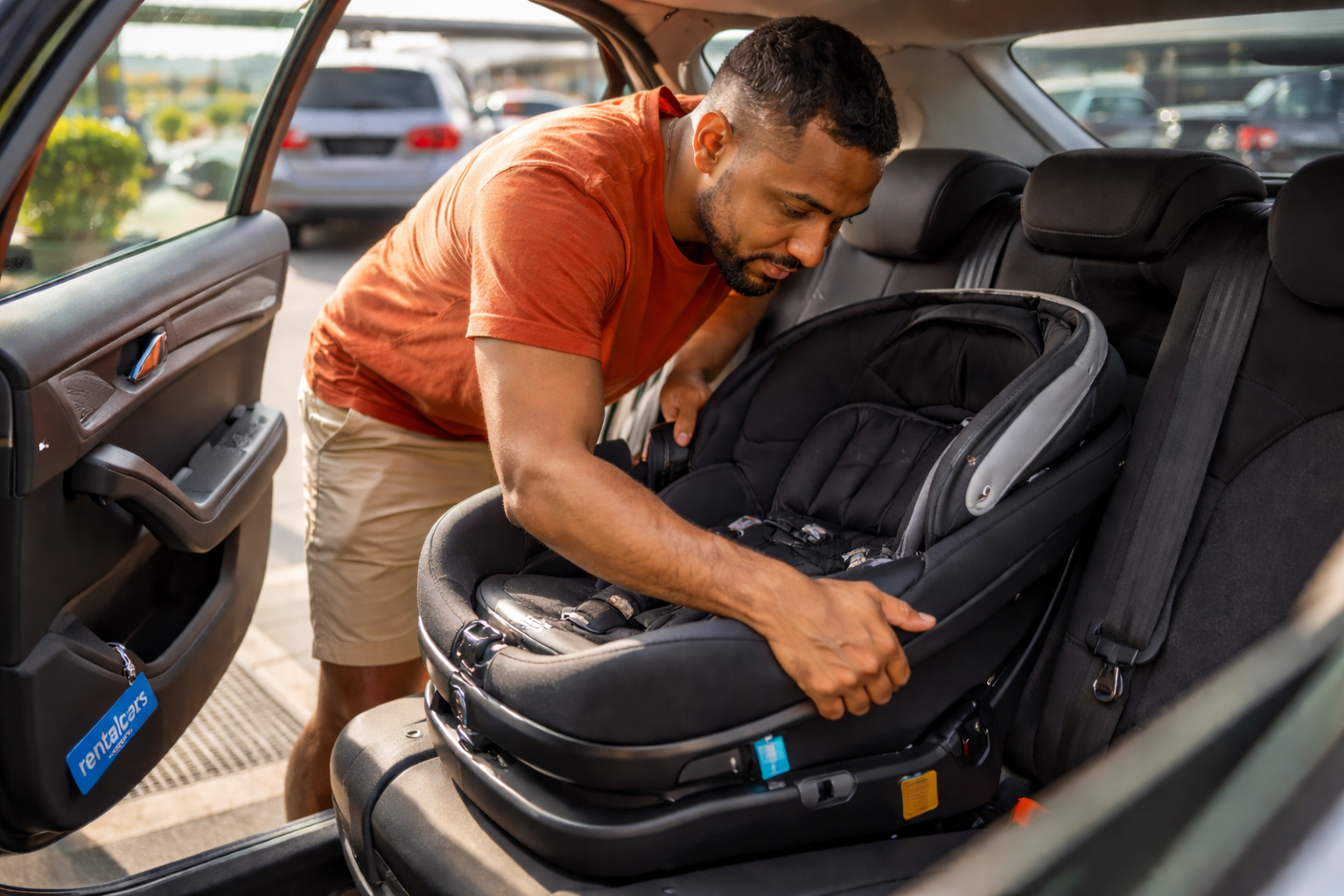 A parent fitting a rear-facing car seat into a European hire car at an airport car park, with a left-hand-drive vehicle visible