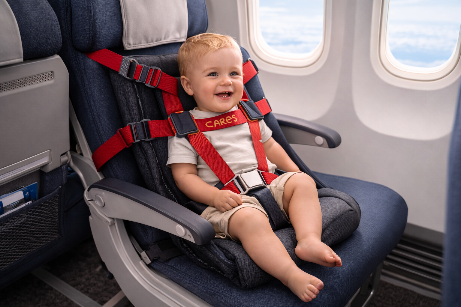 A toddler seated securely on an aircraft seat using a CARES aviation harness, the lightweight strap system visible at shoulders and attached to the seatback, showing how the harness works as a car seat alternative