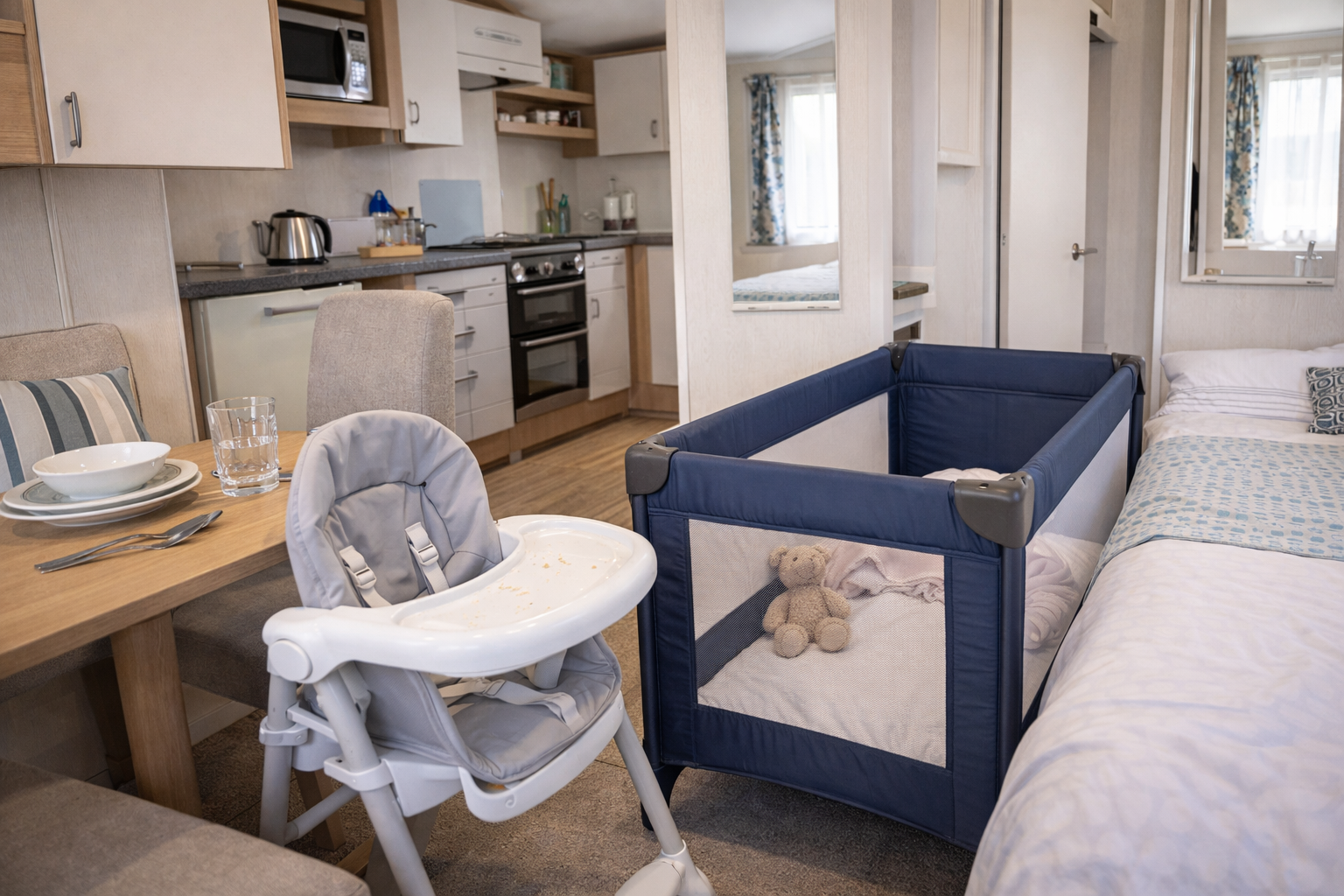 Interior of a modern static caravan set up for a baby — travel cot in the bedroom area, highchair at the dining table, compact but organised