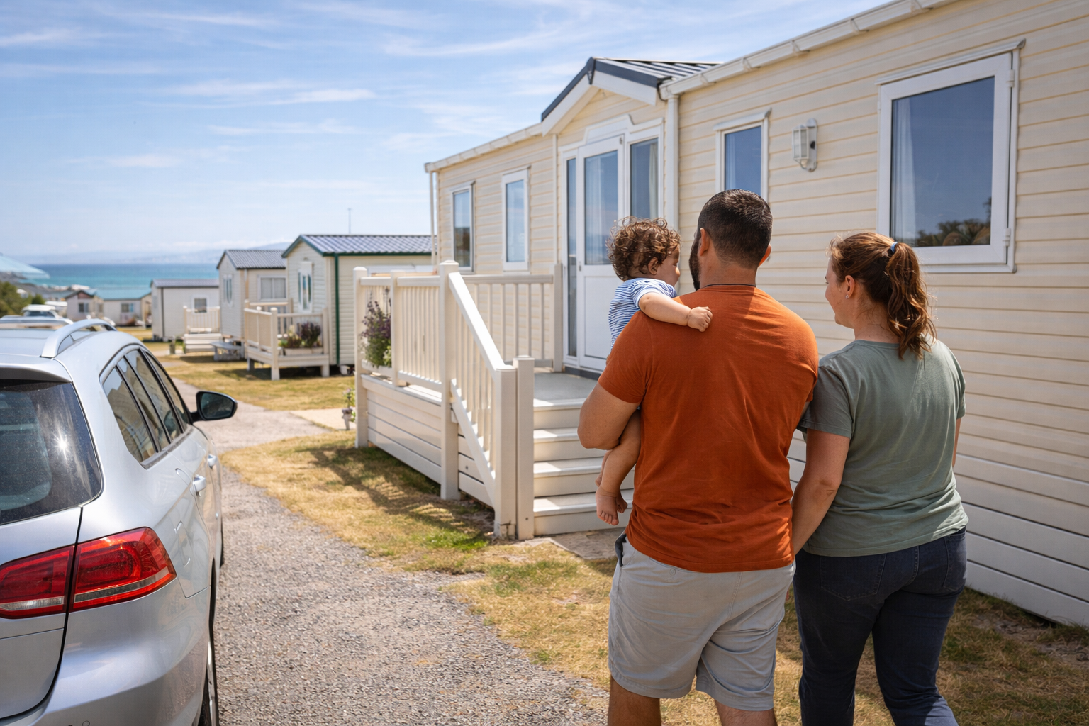 A family arriving at a static caravan on a seaside holiday park — car parked beside the caravan, baby being carried to the door on a bright day