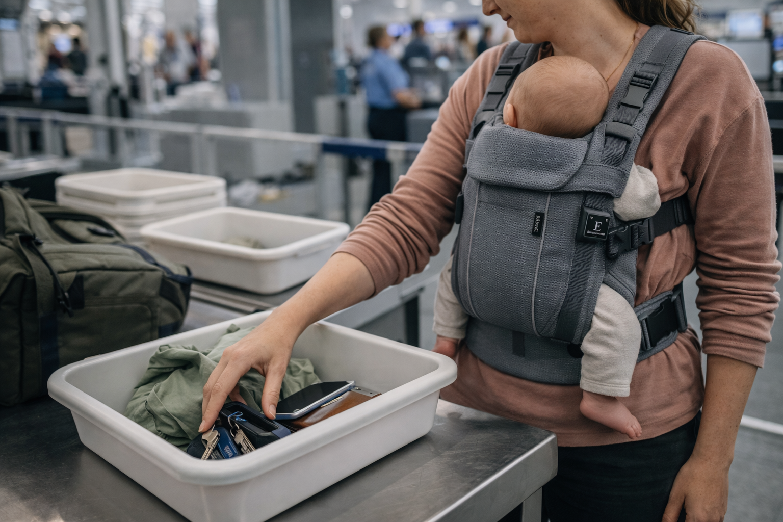 Parent wearing a baby carrier walking through UK airport terminal before security with baby