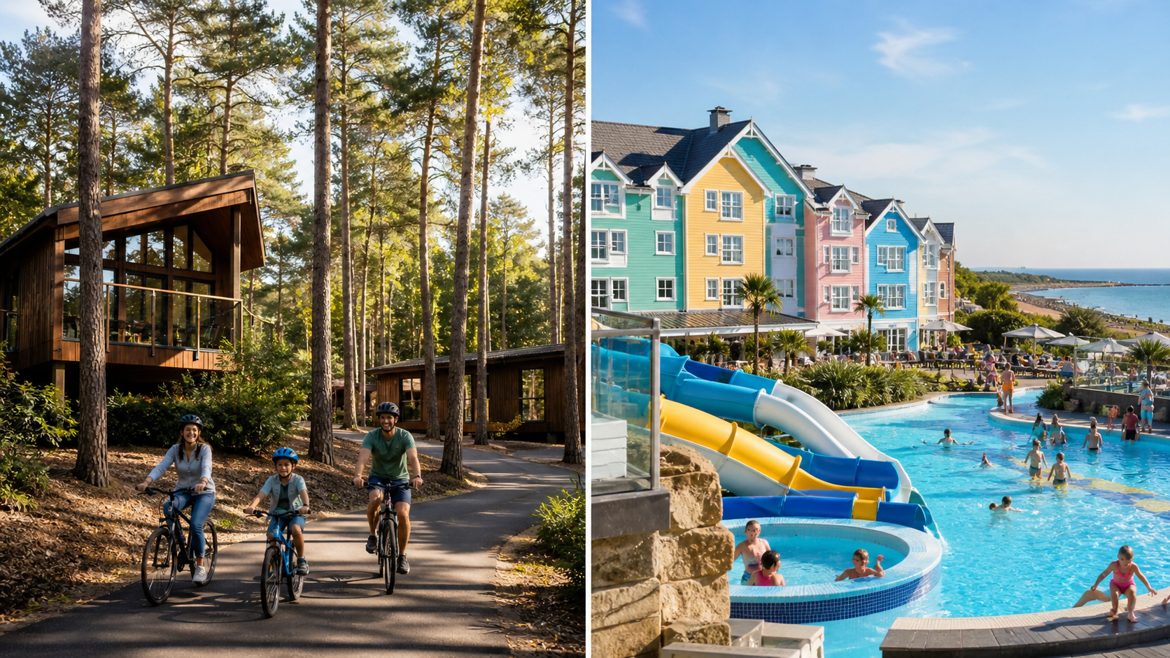 Split image: family pushing a buggy through woodland lodges at Centre Parcs, and a family with a baby at a Butlins splash pool