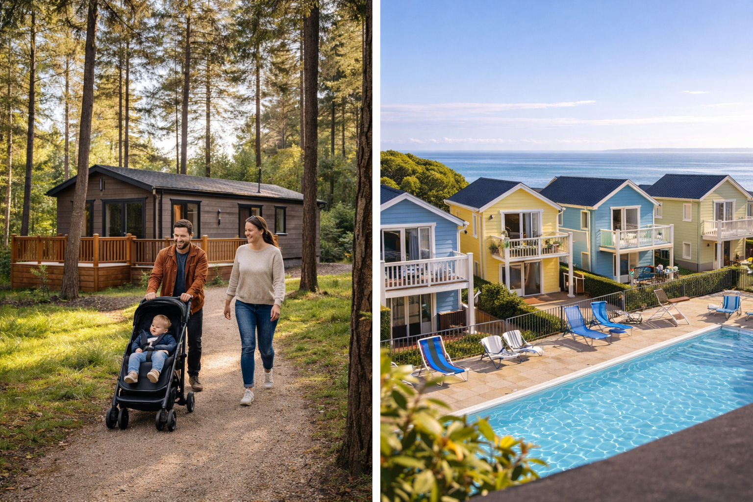 Split image: family with baby in pushchair walking through woodland lodges at Centre Parcs, and colourful coastal holiday chalets with swimming pool at a Haven park