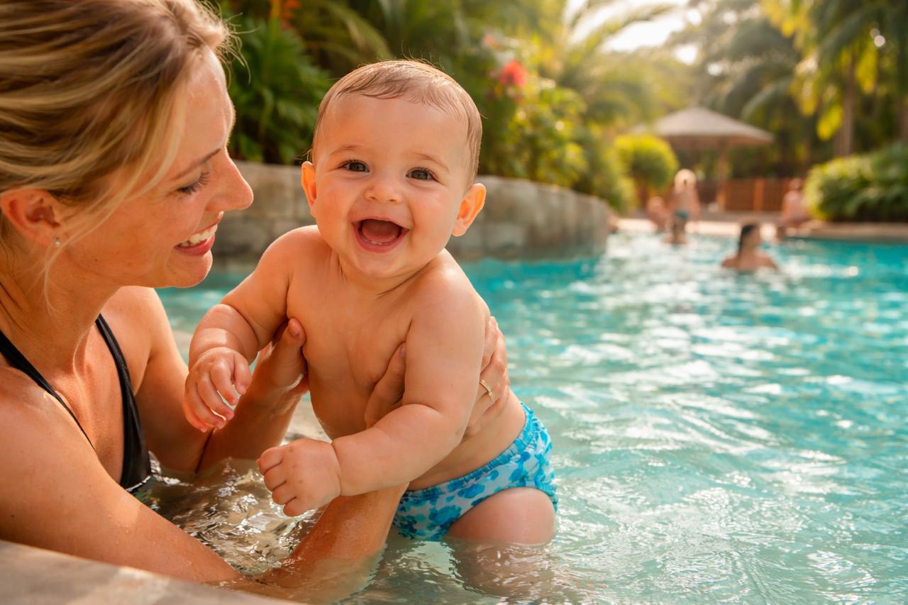 Parent and baby at the edge of a bright, tropical-style indoor pool with warm lighting