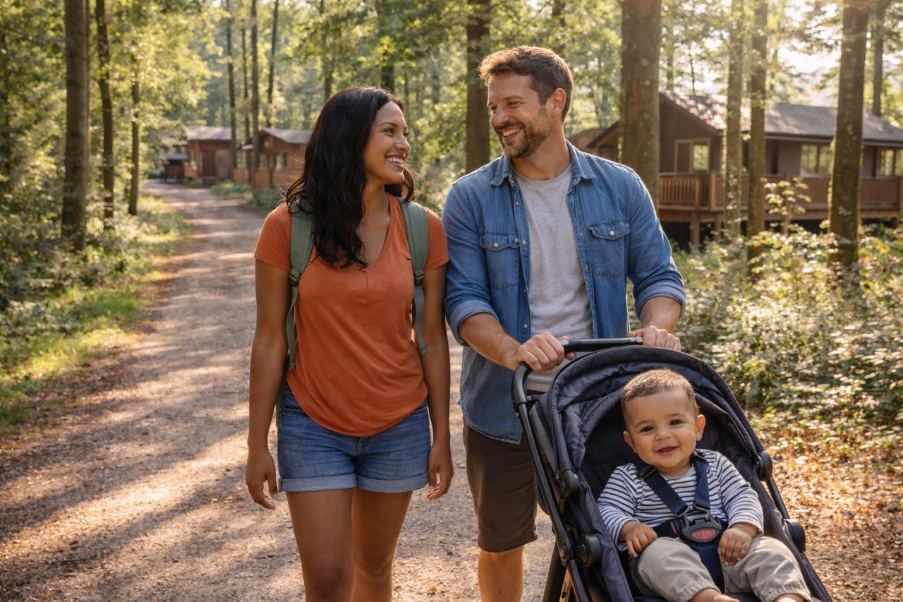 A UK family with a baby walking along a tree-lined forest path at Centre Parcs, dappled sunlight