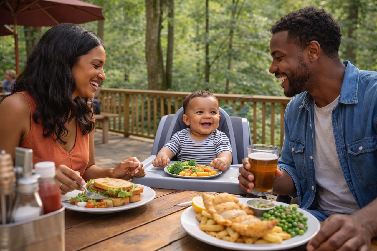 Family meal at a casual outdoor forest restaurant, baby in a highchair