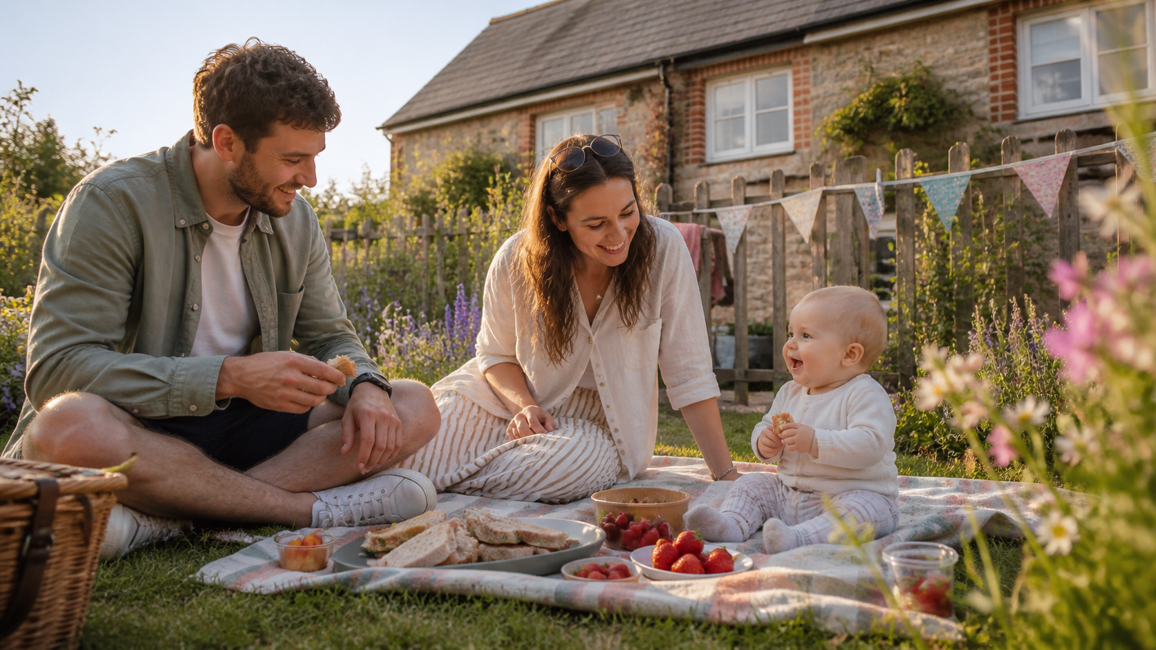 Family with baby arriving at a self-catering holiday cottage in the UK countryside, bags and travel gear by the door