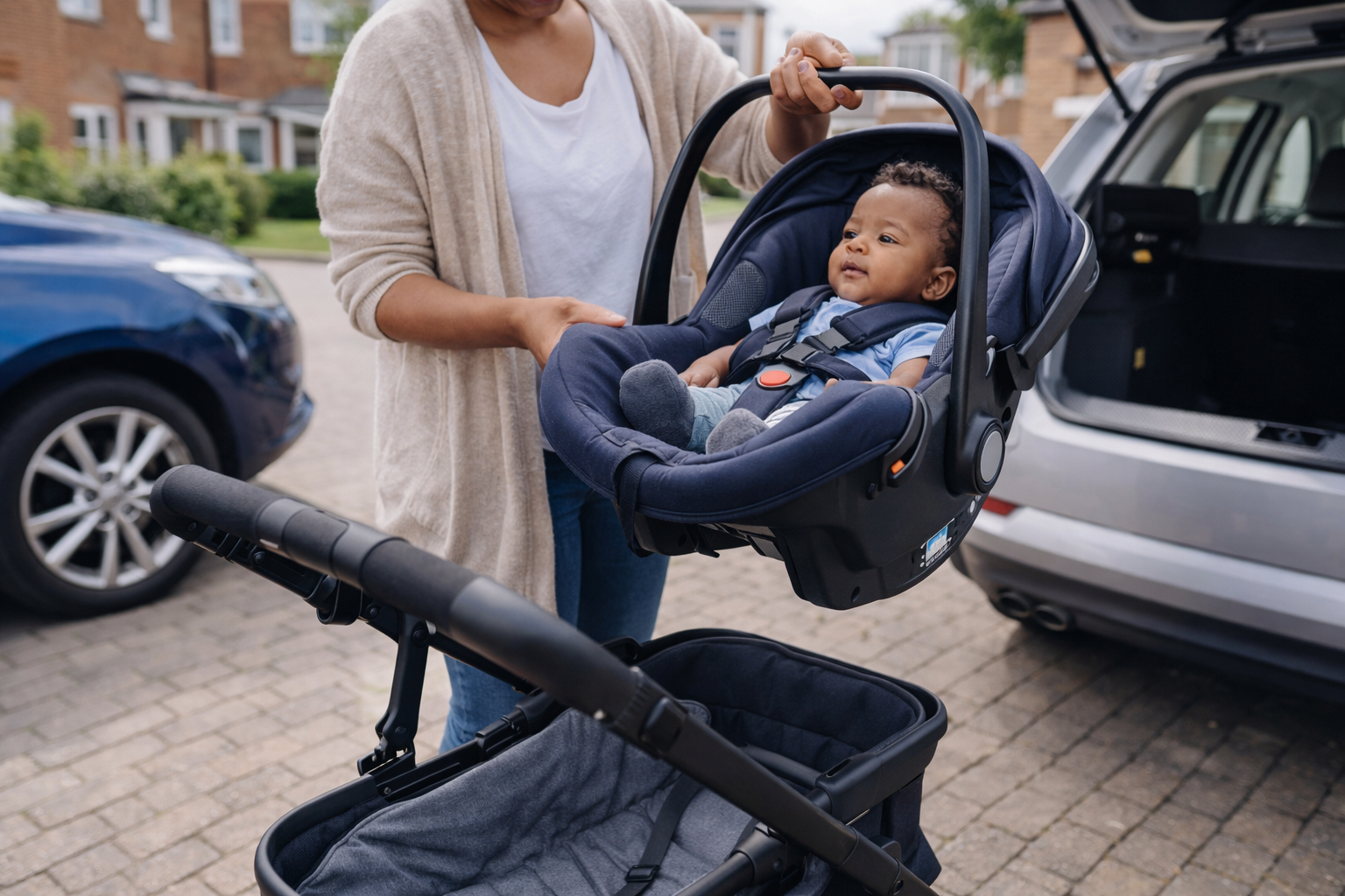 Parent clipping an infant car seat onto a travel system pram chassis in a UK residential street beside a family car