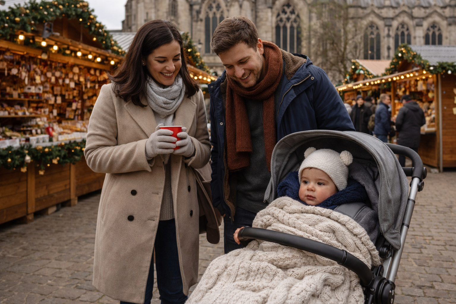 Family at a Christmas market in daylight — baby in a stroller wrapped in a warm blanket, market stalls and a historic building visible behind