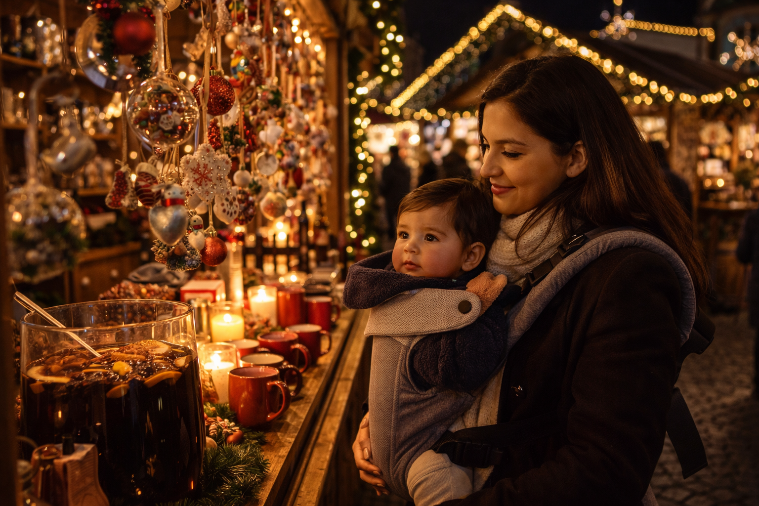 Parent with baby in a carrier browsing a twinkling Christmas market stall — fairy lights, wooden huts, mulled wine visible, warm atmospheric evening light