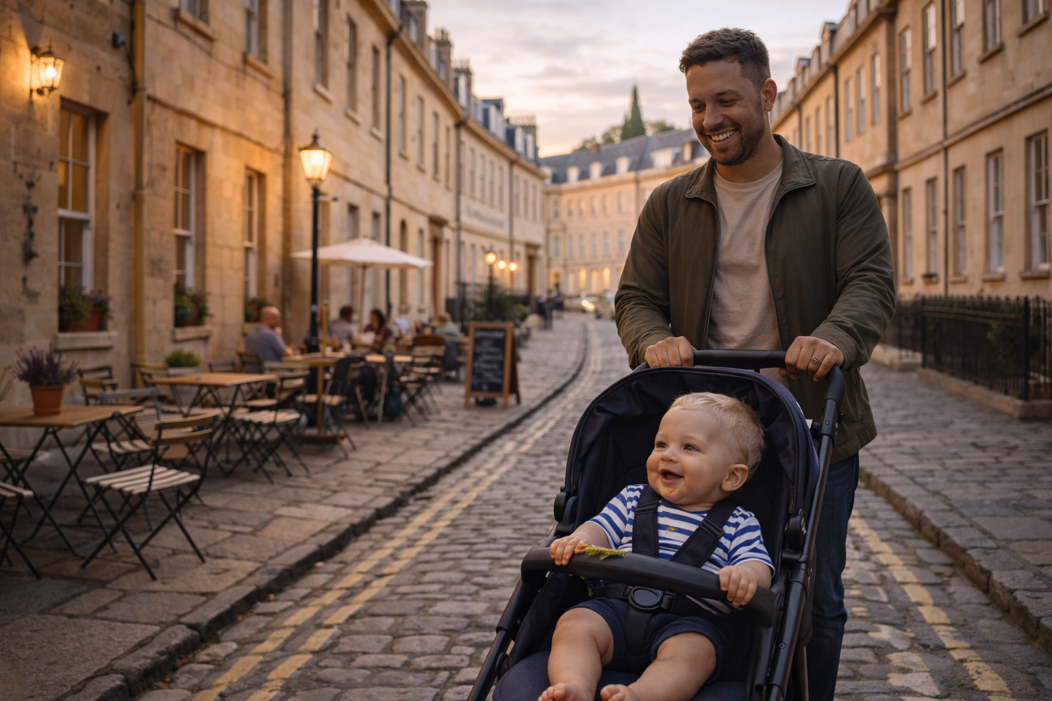 A parent pushing a baby stroller along a Georgian UK city street with café tables outside and warm morning light — Bath-style architecture