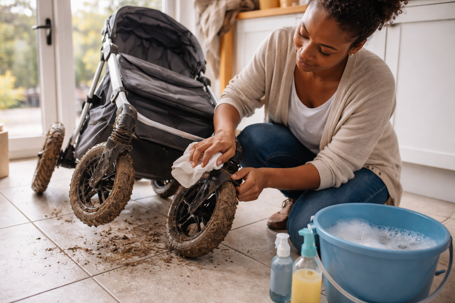 Parent scrubbing muddy travel stroller wheels indoors with a cloth and bucket of soapy water