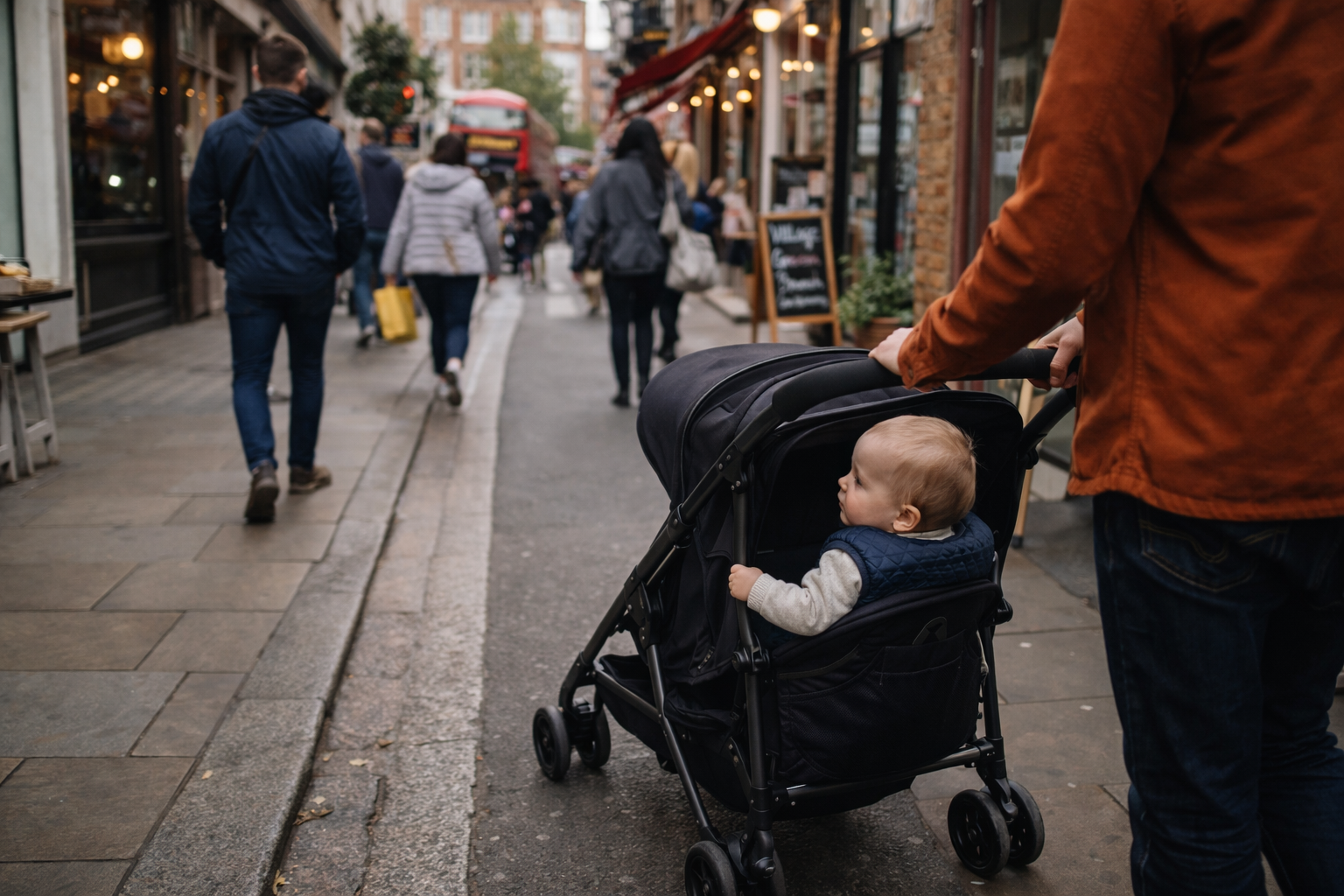Two pushchairs side by side — a compact travel stroller and a full-size pram with newborn baby — in a UK park setting